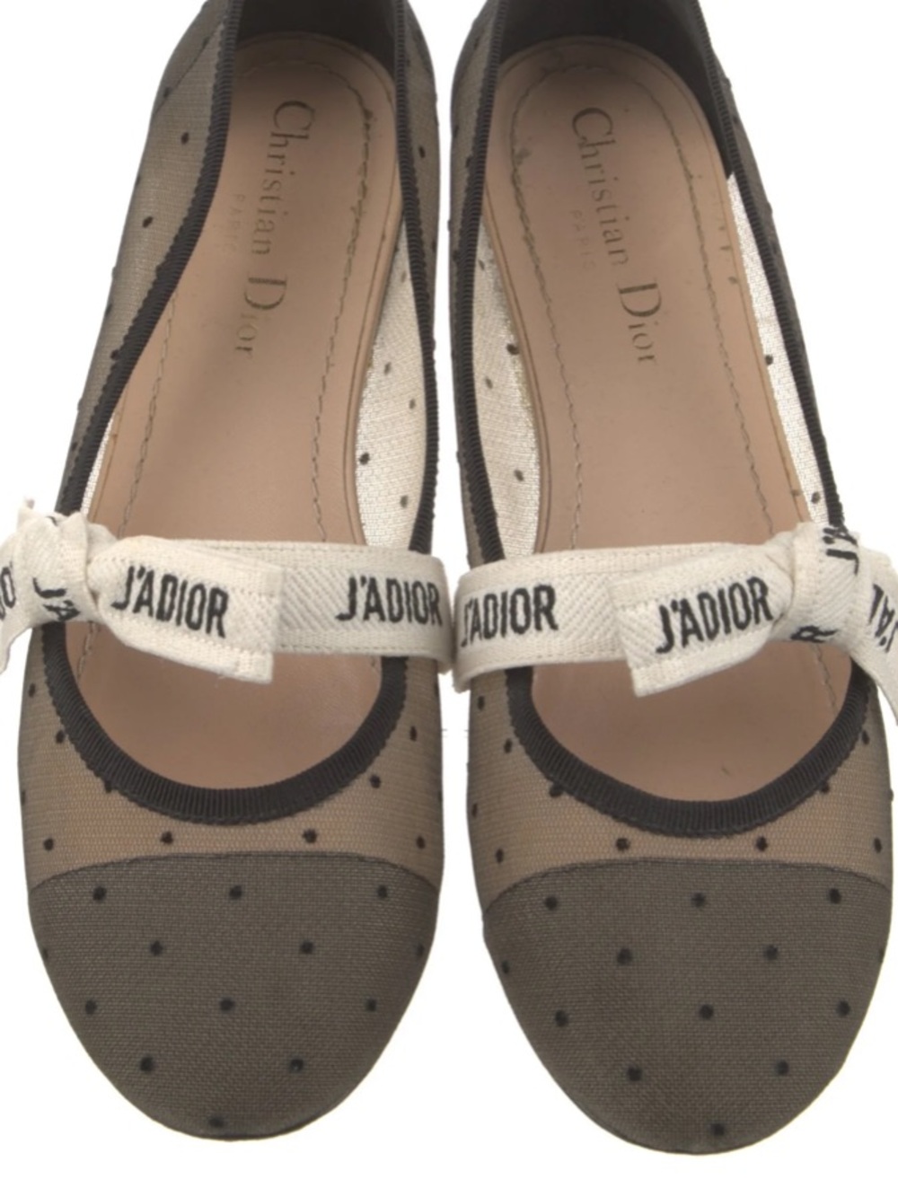 Dior Black Polka Dot Mesh Ballet Flats with White J'Adior Ribbon